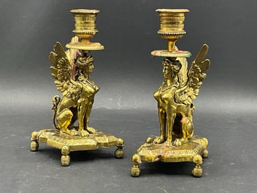 A Pair, French Empire Gold Gilt Candlesticks 19th century.