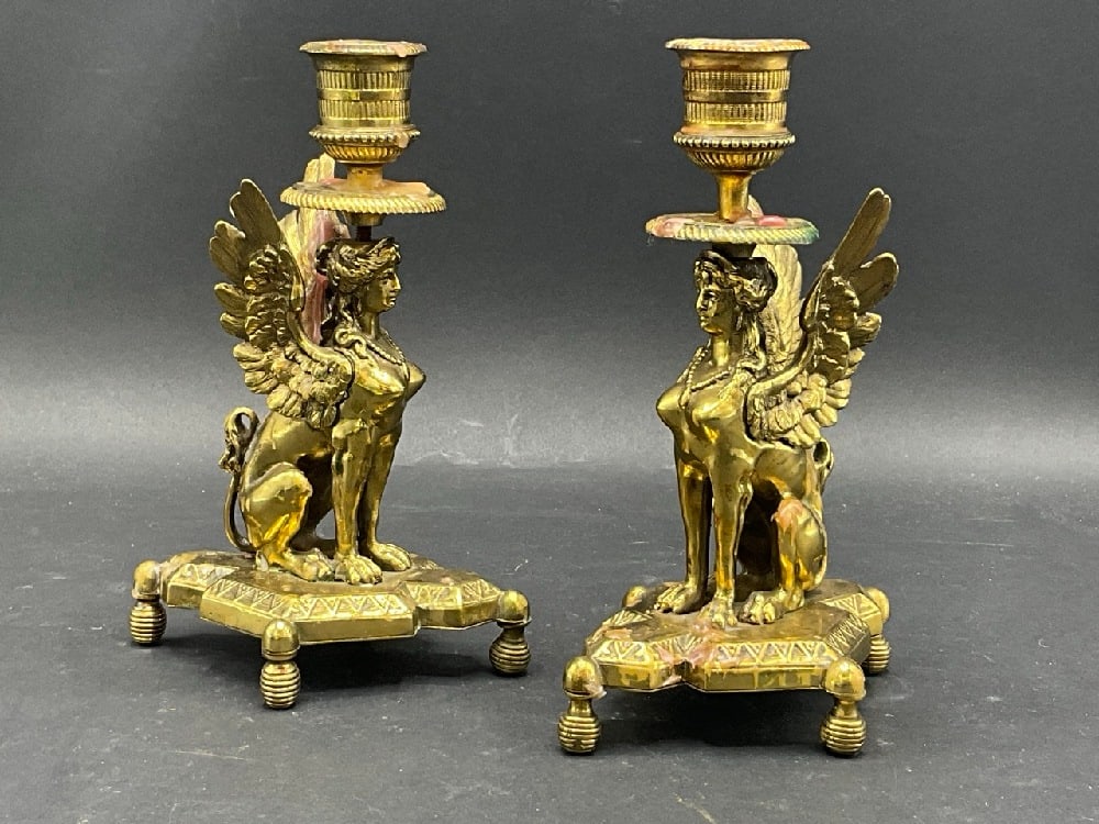 A Pair, French Empire Gold Gilt Candlesticks 19th century.: A Pair, French Empire Gold Gilt Candlesticks.Dimensions: 6 3/4” x 4 1/2”