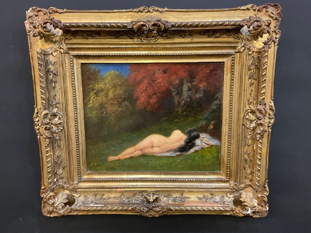 Pierre Auguste Brunet Houard (French, 1827-1922) Nude in Landscape: Pierre Auguste Brunet Houard (French, 1827-1922)Untitled: Nude in Landscape.Signed lower left and dated 1906 lower right. Dimensions: 8 1/2” x 10 1/2” and 17” x 19” framed.