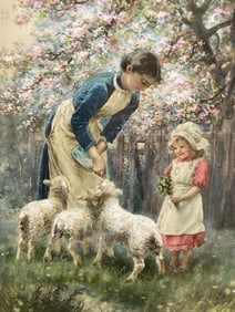 Antique Illustration Art Springtime Mother with Child Feeding Sheep
