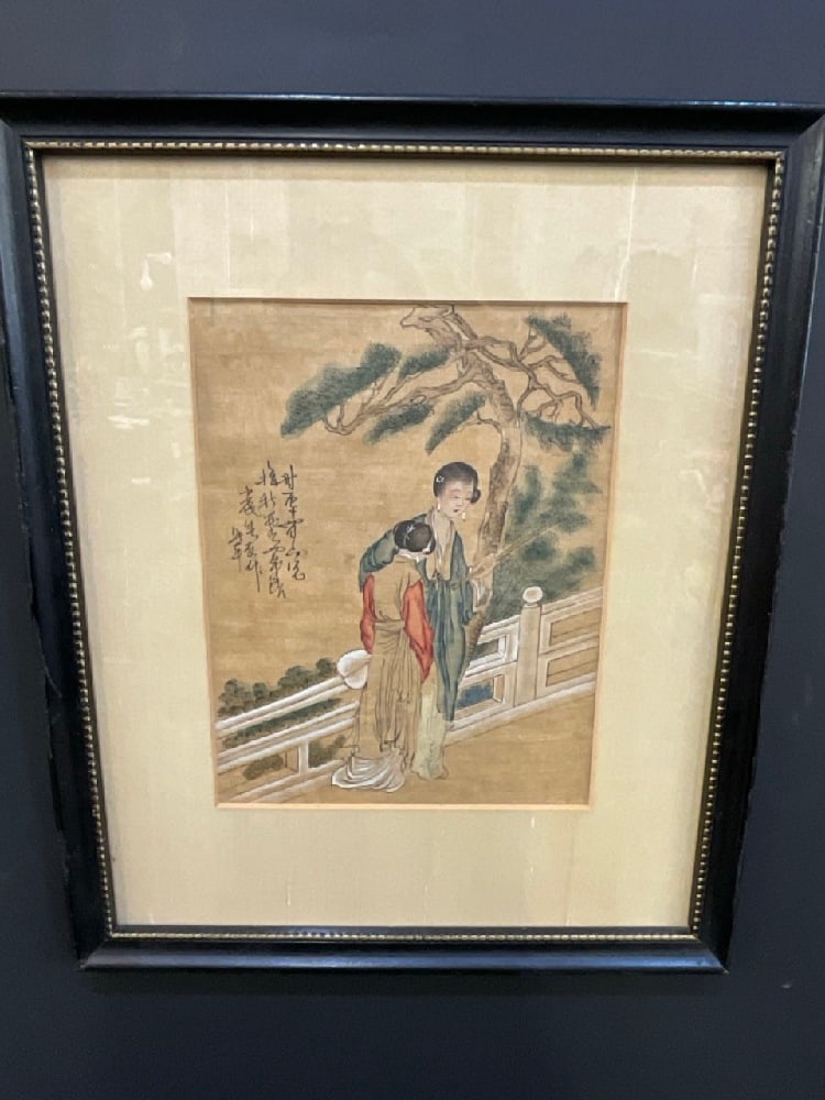 Japanese Geisha Girls Painted on Linen Framed: Japanese Geisha Girls Painted on Linen. Watercolor. Dimensions: 8 3/4 x 6 3/4” and 10 1/4 x 12 1/4”