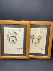 Two Disney Mickey Mouse Cartoon Sketch Drawings
