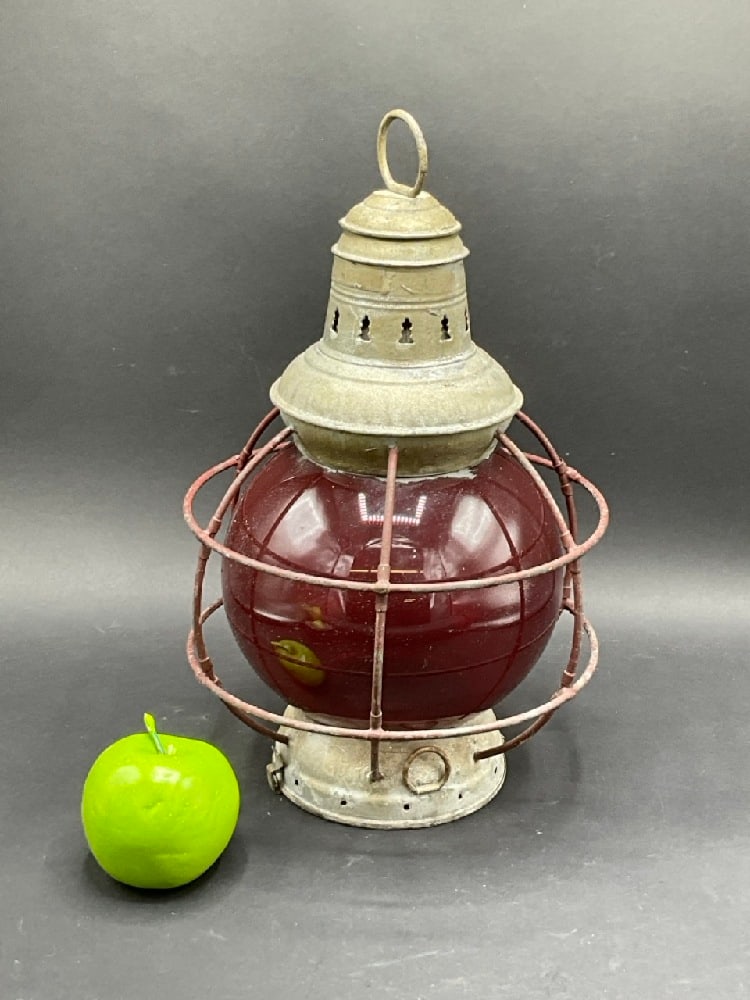 Antique Marine Lantern with Ruby Shade: Antique Marine Lantern with Ruby Shade.Dimensions 16” x 9.5” x 9.5”