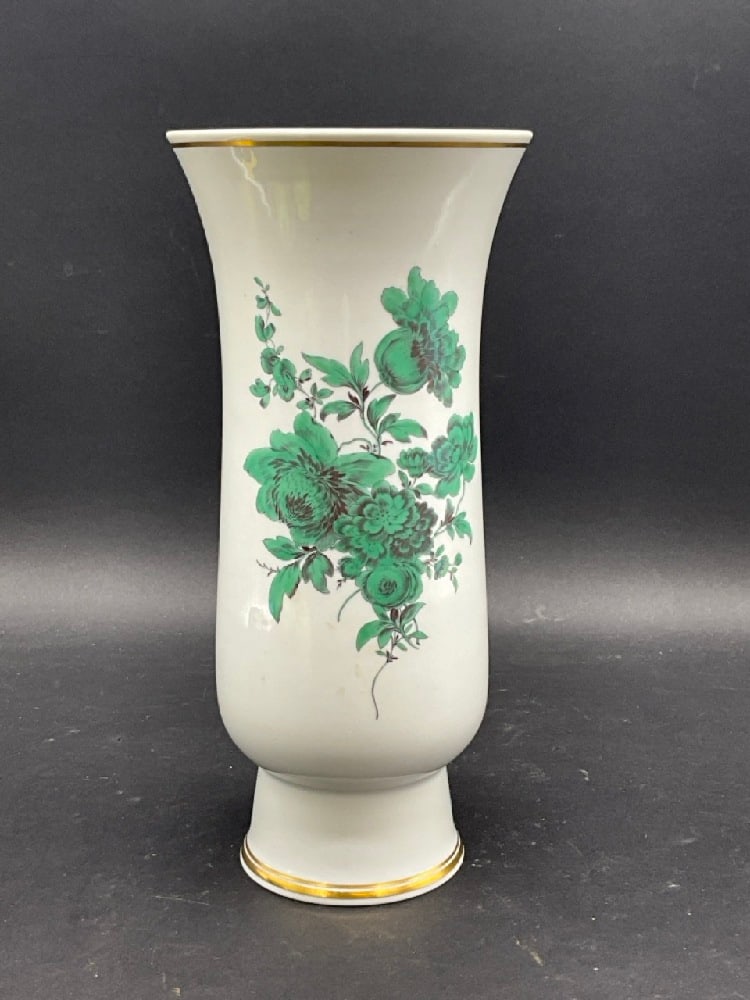 Meissen Porcelain Vase: Meissen Porcelain Vase. Fine white porcelain with green foliage decoration. Signed at base. Dimensions: 9 3/4” x 4 1/2”