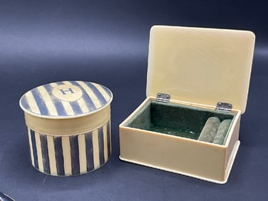 Two (2) Art Deco Ivorette Jewelry Box and Barrel Container
