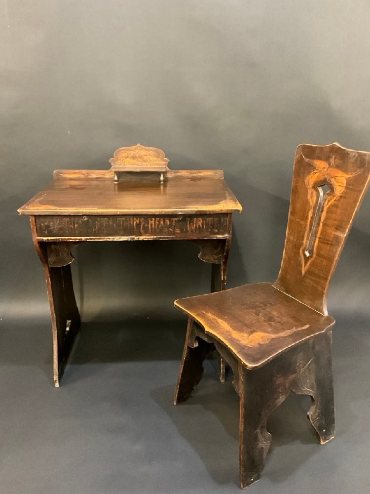 English Arts and Crafts Nouveau Style Writing Desk with Chair: English Arts and Crafts Nouveau Style Writing Desk with Chair. Includes key. Dimensions: 33 1/2”. 30” x 20” 36” x 16 1/2” x 16” "Look into thy Heart and Write"