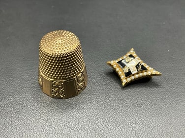 10K Gold Antique Sewing Thimble and 14K Fraternity Pins, Charms