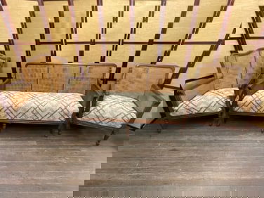 Three (3) Piece Traditional Caned and Upholstered Settee and Arm Chairs