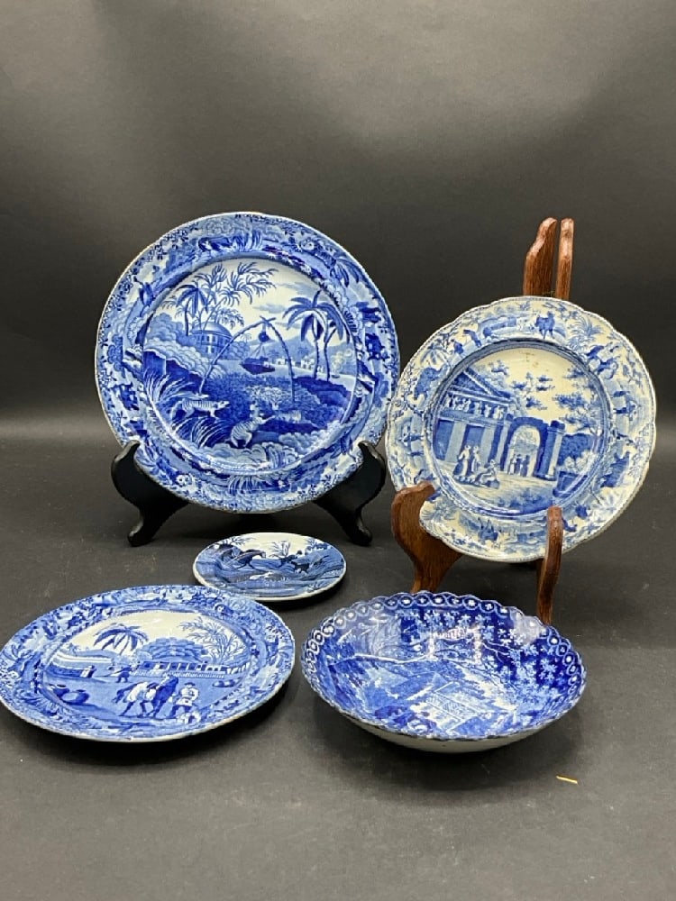 Five (5) Rare Transferware Plates: Five (5) Rare Transferware Plates. Marked Spode and Staffordshire Clews.