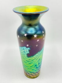 Signed Lundberg Studios Contemporary Art Glass Vase - Night Sky Bottle Vase #041108 w/ Certificate
