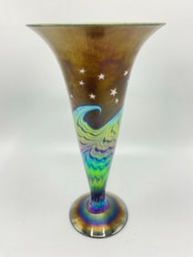 Signed Lundberg Studios Contemporary Art Glass Tumpet Vase - Night Sky Petit Trumpet #041109 w/