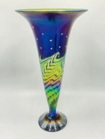 Signed Lundberg Studios Contemporary Art Glass Tumpet Vase - Night Sky Trumpet #041110 w/