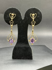 14K Yellow Gold Amethyst Drop Dangle Earrings