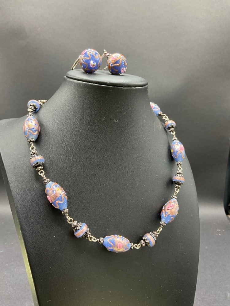 Venetian Glass Sterling Silver Necklace and Earrings: Venetian Glass Sterling Silver Necklace and Earrings.