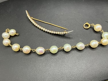 14K Pearl Bracelet and 14k Crescent Moon Pin