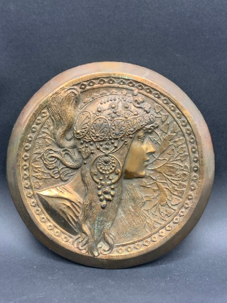 Art Nouveau Bronze Medallion Style of Alphonse Mucha: Art Nouveau Bronze Medallion Style of Alphonse Mucha.Dimensions: 8 1/2” d