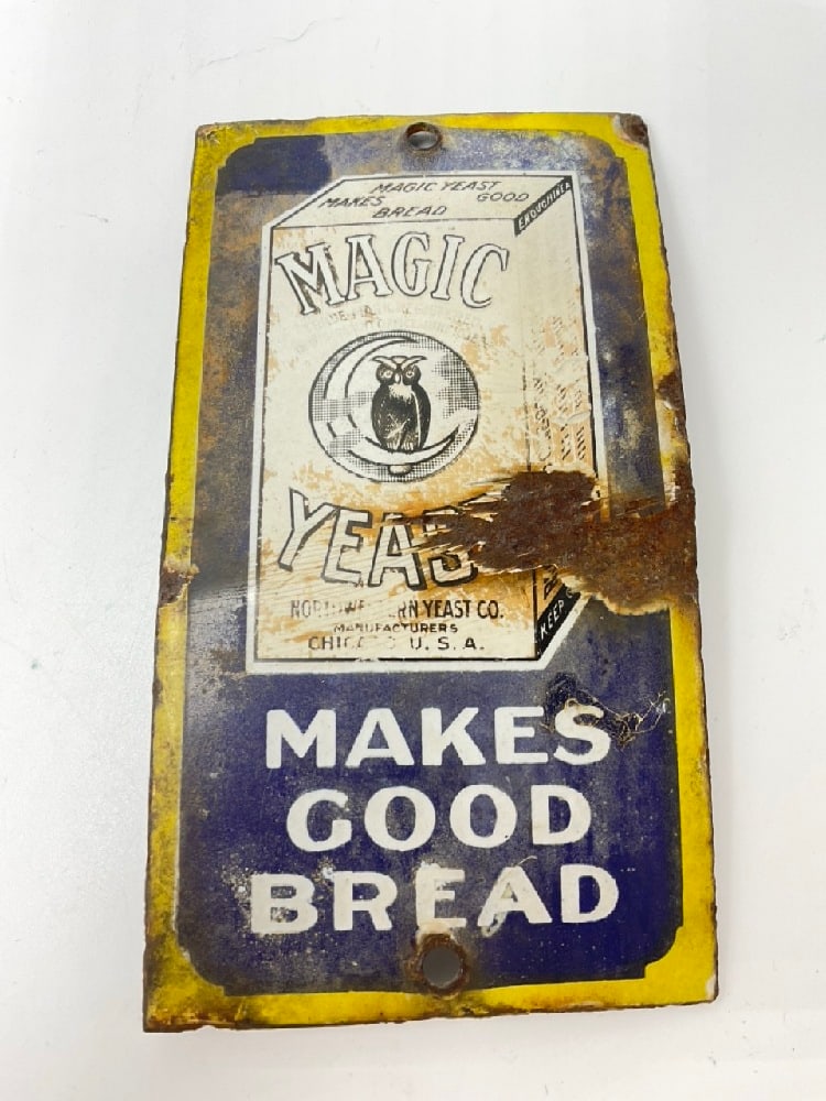 Rare Cast Iron Enameled Magic Yeast Bread Push Sign: Rare Cast Iron Enameled Magic Yeast Bread Push Sign. Dimensions: 6” x 3”