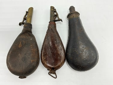 (3) 19th Century Leather & Brass J.W Hawksley & Dixon & Sons Powder Flasks