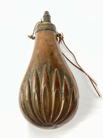 19th Century Copper & Brass Double Sided Embossed Powder Flask