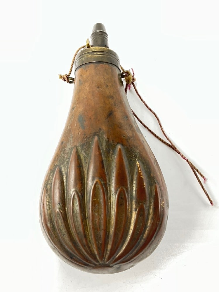 19th Century Copper & Brass Double Sided Embossed Powder Flask: 19th Century Copper & Brass Double Sided Embossed Powder Flask .Dimensions: 7 1/2” x 3 1/2”