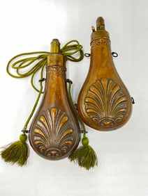 Mid 19th Century J.W Hawksley American Embossed Copper Powder Flasks