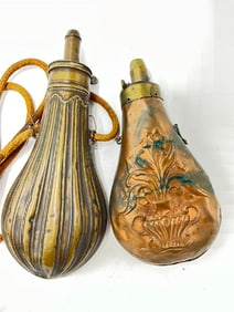 (2) 19th Century Copper & Brass Double Sided Embossed Powder Flask - 1 is Lask & Cap Co.