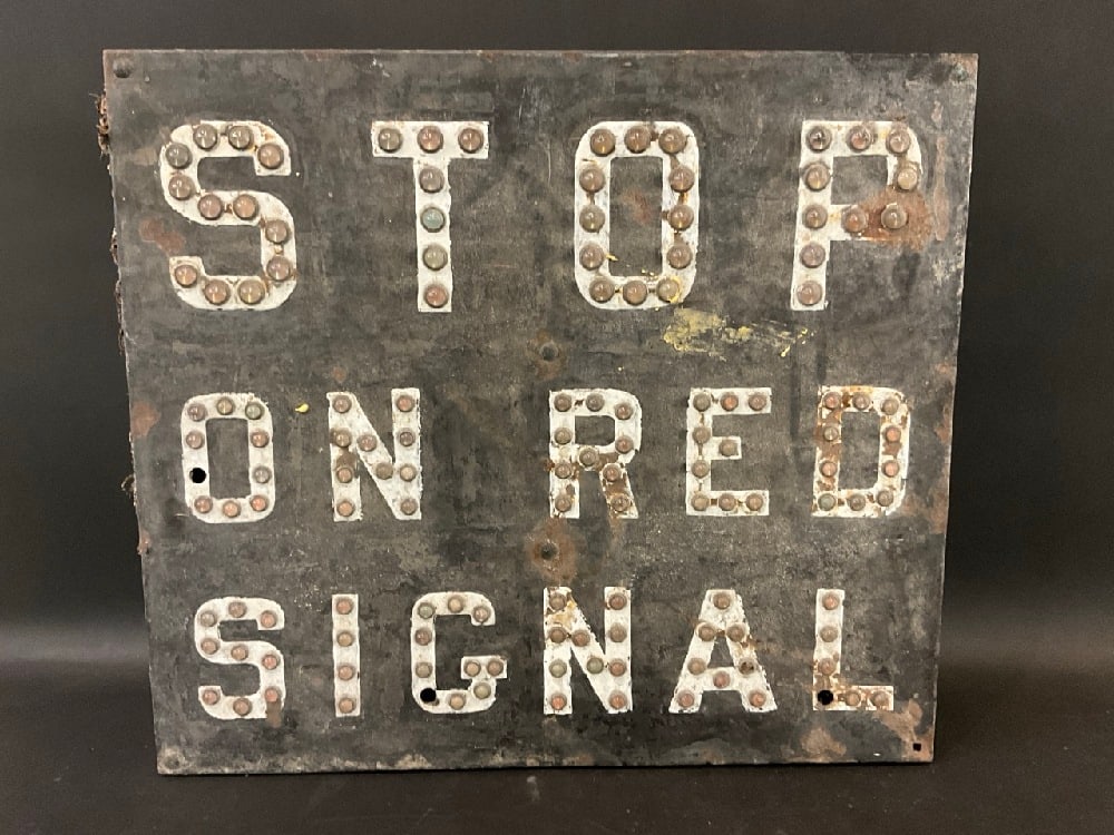 Old “Stop On Red Signal" Railroad Sign Cat Eye: Old “Stop On Red Signal” Railroad Sign with Cat Eye Glass. Cast iron and metal. Dimensions: 22 1/2” x 25 1/2”