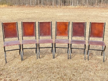 (6) Vintage Spanish Revival Style Leather And Iron Dining Chairs