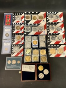 Large Lot Of American Mint Gold, Platinum, Silver Layered Commemorative Coins Plus Extras