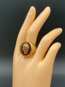 14K Mens Romanesque Cameo Ring with Carnelian and Diamonds