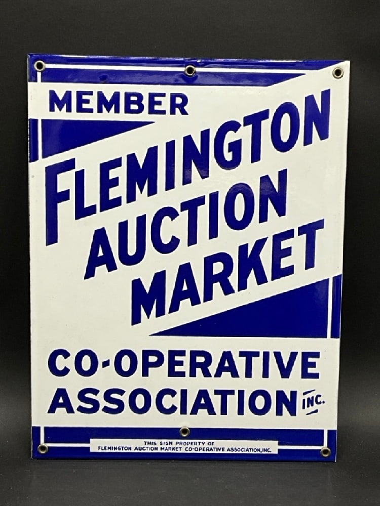 Flemington Auction Market Enameled Metal Sign: Flemington Auction Market Enameled Metal Sign.Dimensions: 13” x 10” x .5”