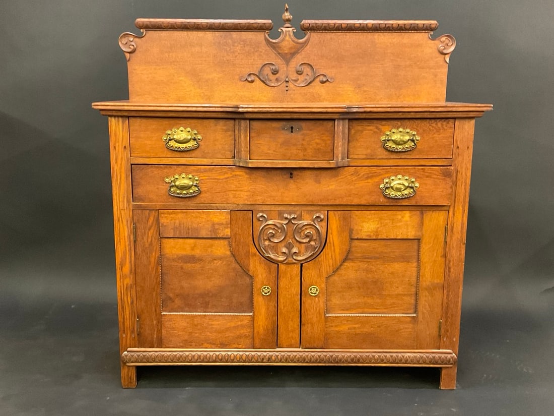 Antique Farmhouse Oak Buffet: Antique Farmhouse Oak Buffet. Excellent finish and presents as well as pictures show. Dimensions 52” x 50.5” x 23.5”Cracking on molding on the bottom near the doors Does not come wit