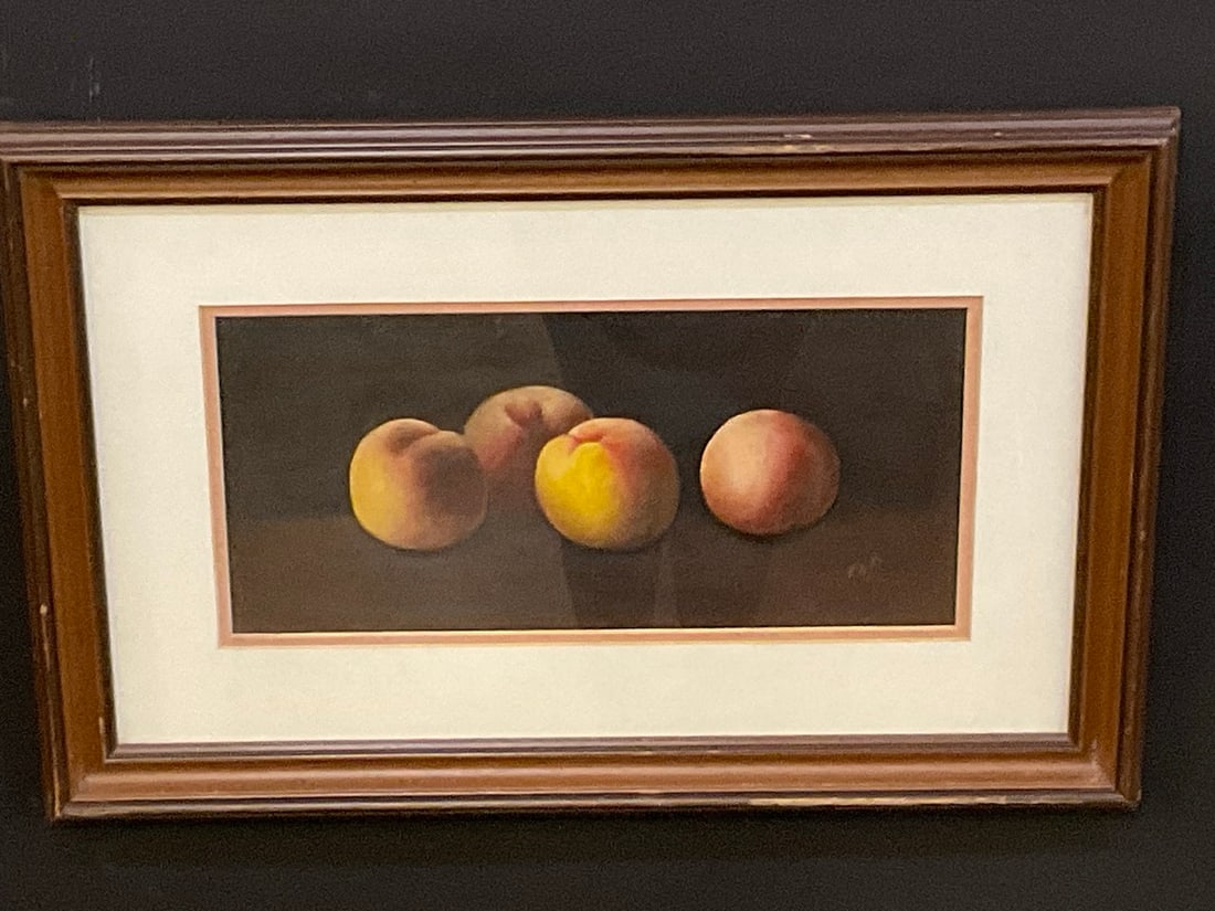 Still Life Study of Peaches Pastel Painting Framed: Still Life Study of Peaches.Pastel on paper. Signed with Initials F.L.B. Dimensions: 6 3/4” x 15” and 15” x 23” framed.