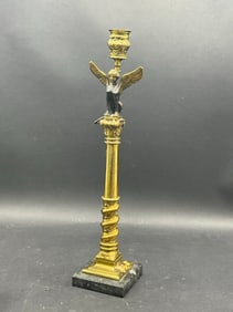Single Antique French Empire Gold Gilt Columned Candlestick