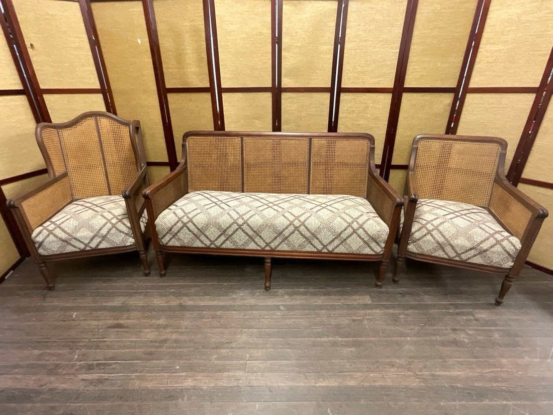 Three (3) Piece Traditional Caned and Upholstered Settee and Arm Chairs: Three (3) Piece Traditional Caned and Upholstered Settee and Arm Chairs. Settee with His and Hers Arm Chairs having alot of character. Dimensions of settee 36” x 60” x 27.5”Dimension
