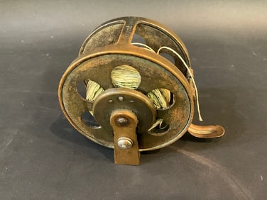 Vintage Brass Fly Fishing Reel w/ Wooden Handle