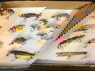 (14)  Vintage Fishing Lures - Crazy Crawlers, Stick Baits, Paw Paw, Shakespeare
