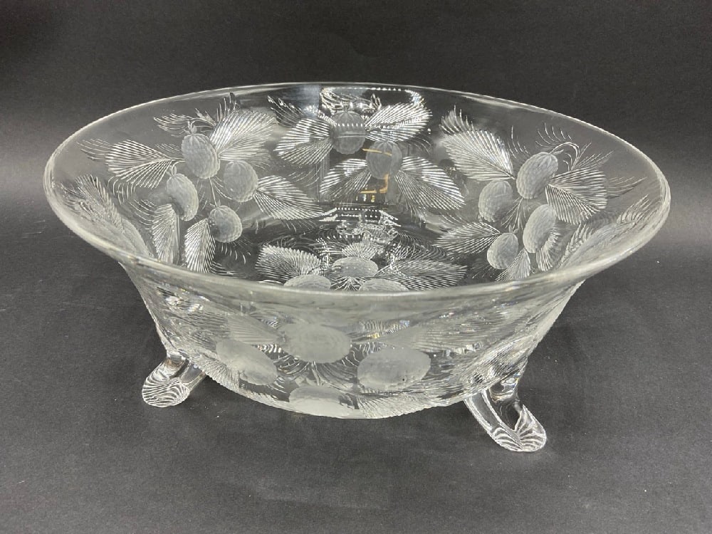 Hawkes American Cut Glass Gooseberry Bowl: Hawkes American Cut Glass Gooseberry Bowl Dimensions: 4” x 8 3/4”. Signed at base. Condition: Small chip on one of the feet.