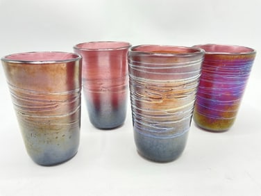 (4) Hand Blown Iridescent Swirl Glass Tumblers Signed “Sliptown