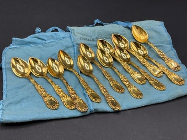 Twelve (12) Tiffany Sterling Silver Gold Vermeil Chrysanthemum Coffee Spoons