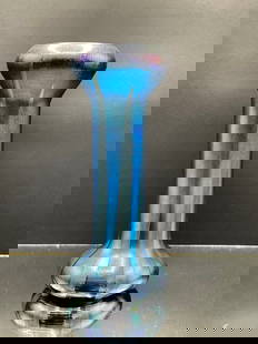 Tiffany 8"h Blue Favrile Glass Vase c. 1905: Tiffany 8"h Blue Favrile Glass Vase c. 1905.A fine American blue striated favrile glass vase. Made by Louis Comfort Tiffany, circa 1905, with a cylindrical central standard flaring to a shaped top and