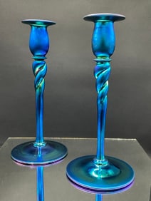 Stunning Steuben Blue Aurene Candlesticks #686