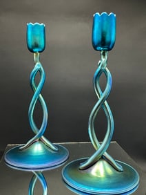 12" Fine Pair of Rich Blue Steuben Aurene Glass Candlesticks