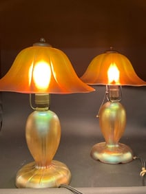 A Pair, Steuben Gold Aurene Boudoir Table Lamps