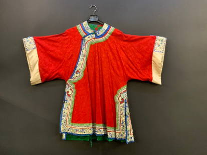 Vintage Silk with Satin Embroidered Chinese Red Robe: Vintage Silk with Satin Embroidered Chinese Red Robe.Dimensions: Chest 22”, 48” Width, 41” H, Height 41”Good Condition, Please See Photograph Photos