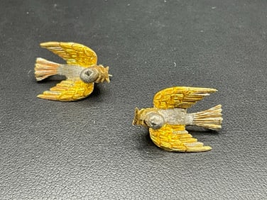 A Pair, Sweet Little 18K and Platinum Bird Pins