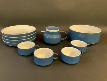 Richard Ginori Colonna Two Tone Porcelain Dinnerware: Richard Ginori Colonna Two Tone Porcelain Dinnerware. Blue and white. Dimensions: Bowl 9 1/2” D x 4” H, Tea Pot 4 1/2” H x 8” W, Bowl 9 1/2” D, Cups 4” DGood Condit