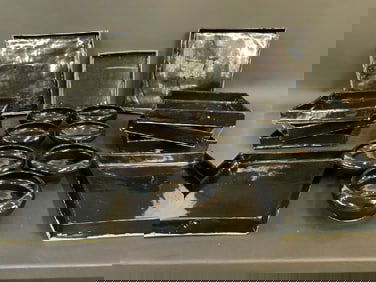 1960's Art Pottery Black Square Plates with Bowls 18 pcs