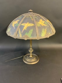 Early 20th Century Eight Panel Glass Table Lamp w/Birds