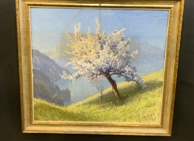 1950's Oil on Canvas Illegibly Signed Landscape Painting
